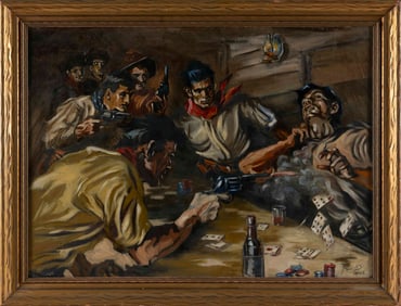 FRANZ TREVORS (America, 1907-1980), Gunfight at a card game., Oil on canvas laid down on board, 19"