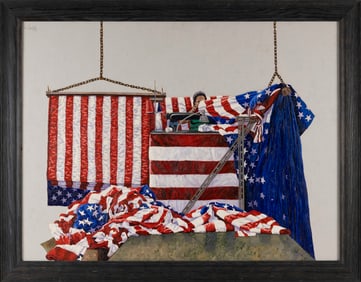 ERNIE HENFELD (Pennsylvania, 1927-), "Mending the Flag"., Oil on board, 28" x 38". Framed 33.5" x