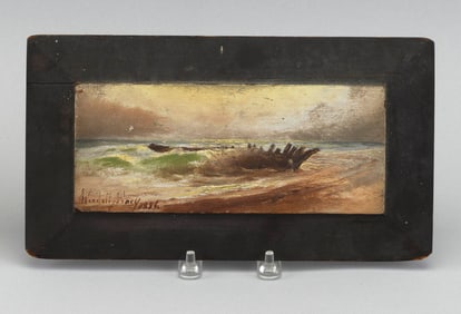 WENDELL F. MACY (Massachusetts, 1845-1913), A hulk on the shore., Oil on panel, 5.75" x 10.25".