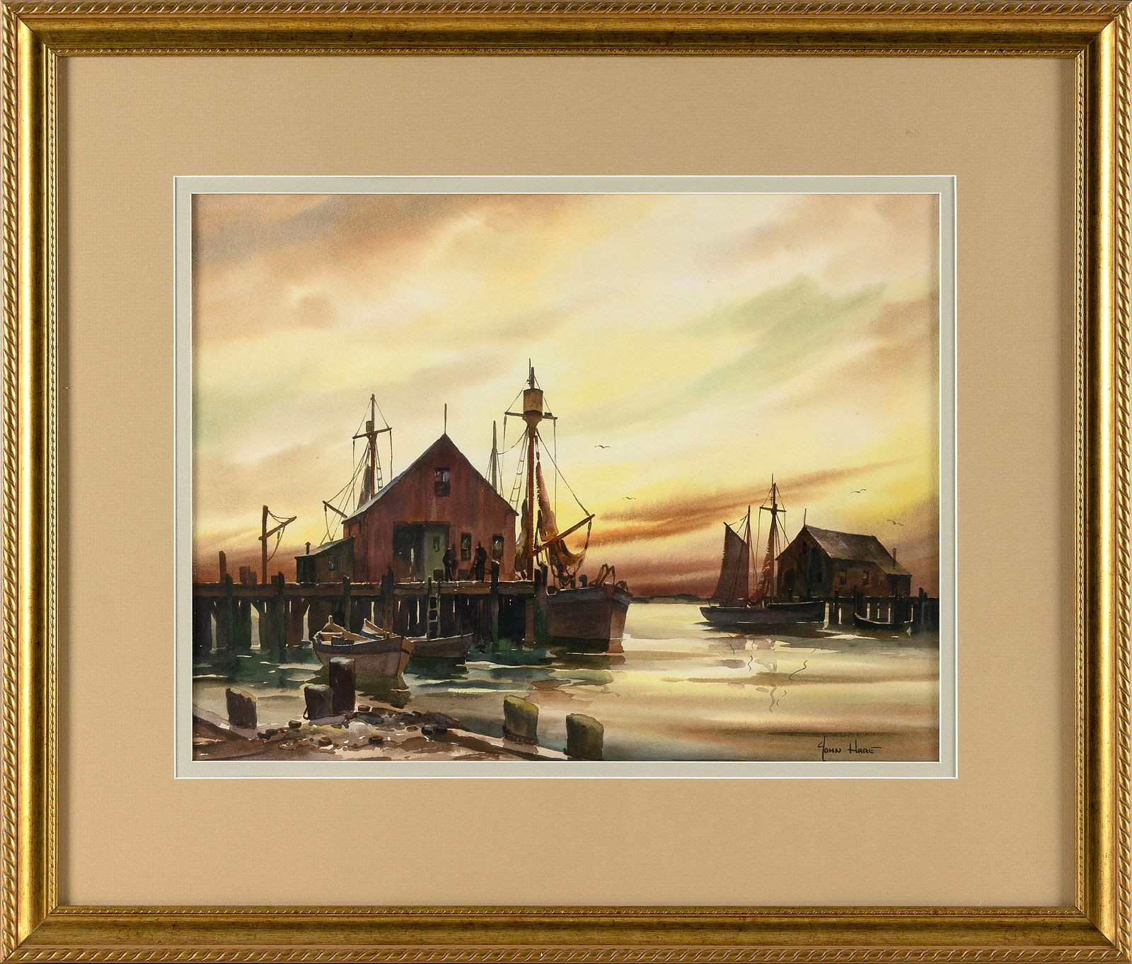 JOHN CUTHBERT HARE (Massachusetts/Florida, 1908-1978), Provincetown Harbor at sunset., Watercolor on: JOHN CUTHBERT HAREMassachusetts/Florida, 1908-1978Provincetown Harbor at sunset. Signed lower right "John Hare".Watercolor on paper, 13" x 17" sight. Framed 23" x 26".