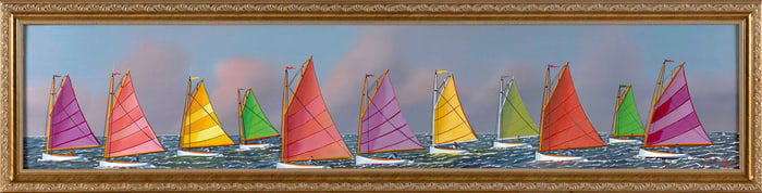 JEROME HOWES (New York/Massachusetts, 1955-), Nantucket's Rainbow Fleet., Oil on board, 8" x 40".
