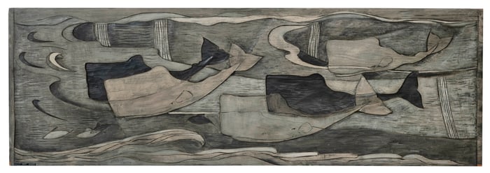 VERNON B. SMITH (Massachusetts, 1894-1969), "Grey Whales I"., Wood bas-relief, 18" x 54".