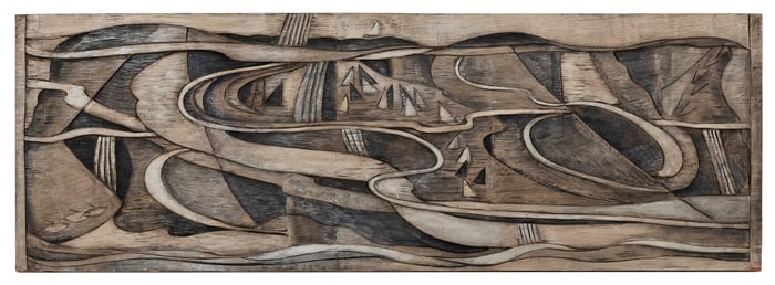 VERNON B. SMITH (Massachusetts, 1894-1969), "Brown Sails"., Wood bas-relief, 16" x 47".
