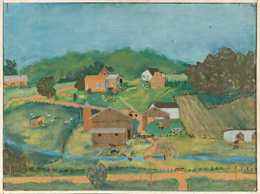 JANIS PRICE (Ohio, 1933-), "The Farm"., Mixed media collage on board, 16.25" x 22". Framed 17" x