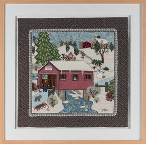 JANIS PRICE (Ohio, 1933-), "Pleasant Valley", an embroidered textile quilt., 22.5" x 22.5". Framed