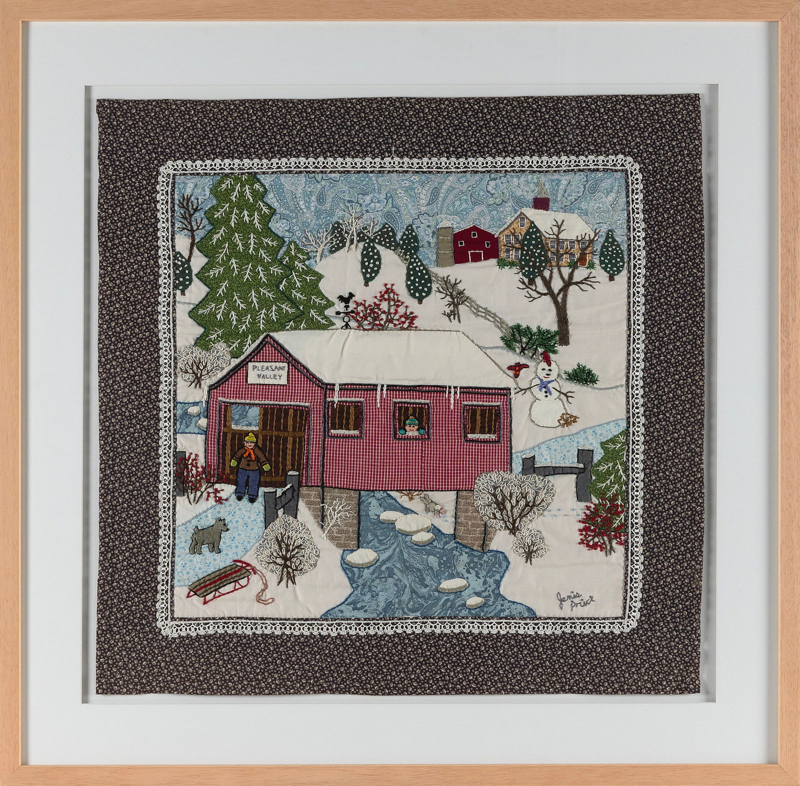 JANIS PRICE (Ohio, 1933-), "Pleasant Valley", an embroidered textile quilt., 22.5" x 22.5". Framed (1 of 2)