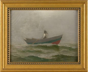 CHARLES DREW CAHOON (Massachusetts, 1861-1951), Fisherman in a dory., Oil on board, 9.25" x 12.25".