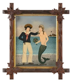 RALPH EUGENE CAHOON, JR. (Massachusetts, 1910-1982), Mermaid and sailor., Oil on masonite, 10" x 8".