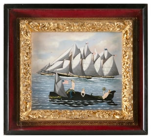 RALPH EUGENE CAHOON, JR. (Massachusetts, 1910-1982), Three mermaids racing a "gaff-rigged" whale