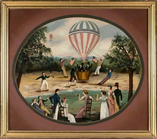 RALPH EUGENE CAHOON, JR. (Massachusetts, 1910-1982), "Balloon Ascent"., Oil on masonite, 28" x 32".