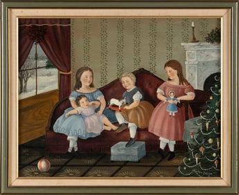 MARTHA FARHAM CAHOON (Massachusetts, 1905-1999), Four children seated on a Victorian sofa beside the