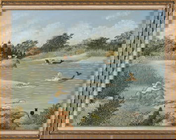 MARTHA FARHAM CAHOON (Massachusetts, 1905-1999), Mermaids in a swimming hole., Oil on masonite, 12"