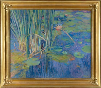 SAM (SAMIR) BARBER (Massachusetts/Italy, 1943-), Lily pond., Oil on board, 30" x 36". Framed 38" x