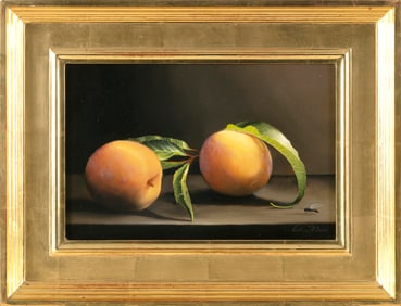 WILLIAM ROBERT DAVIS (Massachusetts, 1952-), "Peaches"., Oil on canvas, 8" x 12". Framed 13" x 17".