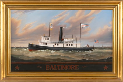 WILLIAM ROBERT DAVIS (Massachusetts, 1952-), The tugboat Baltimore., Oil on canvas, 17" x 28".