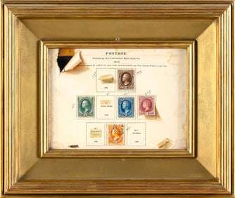 WILLIAM ROBERT DAVIS (Massachusetts, 1952-), A trompe-l'oeil of postage stamps., Oil on canvas, 6" x