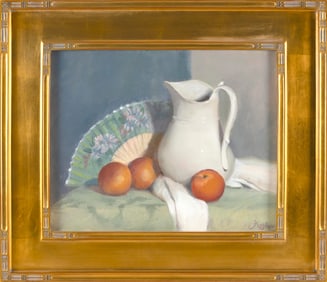 CATE HUNTER KASHEM (Massachussetts, Contemporary), "Peaches, Pitcher, Fan"., Oil on canvas, 16" x