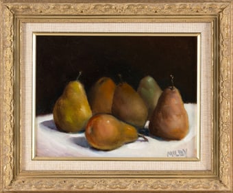 FRANK MILBY (Massachusetts, 1933-2023), Still life of six pears., Oil on canvas, 9" x 12". Framed