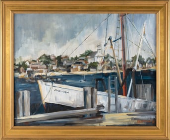 CARL LEFTON (Massachusetts, 1935-2007), The Joan-Tom docked in Provincetown Harbor., Oil on canvas,