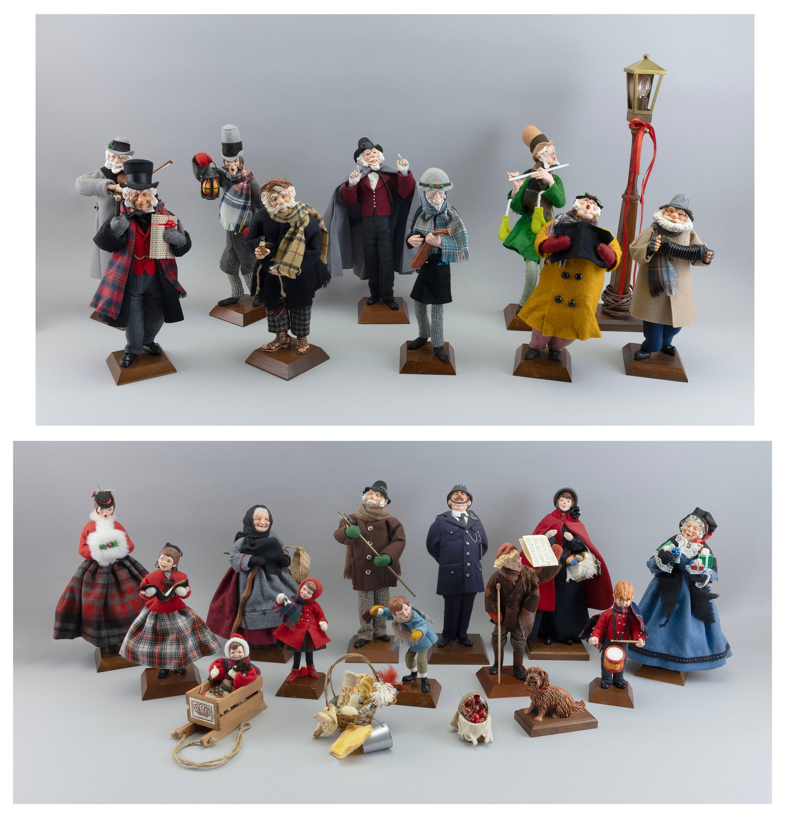 COLLECTION OF SIMPICH CAROLER DOLLS Colorado, Late 20th Century Doll heights from 5" to 14". Lamp (1 of 3)