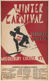 RARE MIDDLEBURY COLLEGE WINTER CARNIVAL POSTER Mid-20th Century, Probably 1962 Color lithograph
