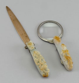 TWO DESK ACCESSORIES WITH CHINESE CARVED WHITE JADE HANDLES 19th Century Hook lengths 4". Letter