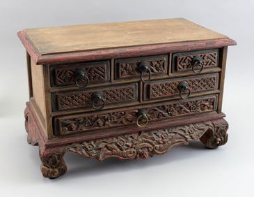 EAST ASIAN CARVED AND PAINTED HARDWOOD JEWELRY BOX 20th Century Height 12". Width 20". Depth 11".