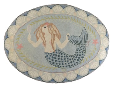 CLAIRE MURRAY MERMAID PICTORIAL HOOKED RUG: 42" X 32" 20th Century