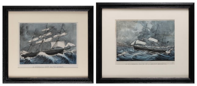 TWO CURRIER & IVES SCENES OF CLIPPER SHIPS DURING SNOWSTORMS 19th Century Hand-colored lithographs,