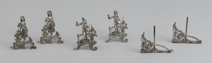 SIX GERMAN SILVER PLACE CARD OR MENU HOLDERS Circa 1900 Heights approx. 3.5". Widths 2.5".