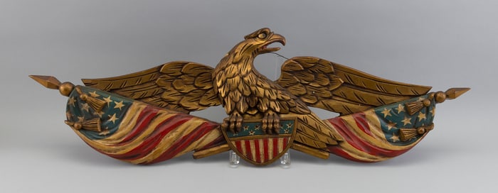BOSTON ARTISTIC CO. CARVED AND PAINTED EAGLE PLAQUE 20th Century Length 36".