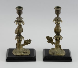 PAIR OF BRONZE OWL AND RABBIT CANDLESTICKS 19th Century Heights 8.75".