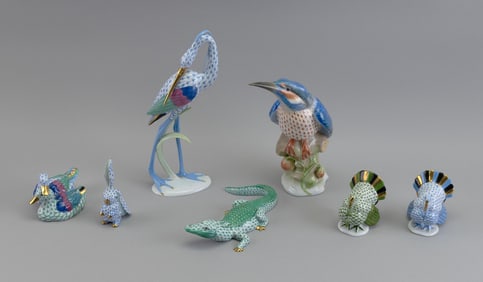 SEVEN HEREND PORCELAIN ANIMAL FIGURINES 20th Century Heights from 2" to 11".