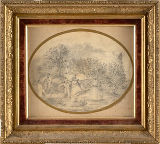 DRAWING OF AN OUTING TO MONUMENT MOUNTAIN, GREAT BARRINGTON, MASSACHUSETTS 19th Century Pencil on