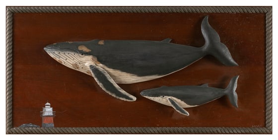 ROGER MITCHELL CARVED AND PAINTED HUMPBACK WHALE AND CALF PLAQUE Massachusetts, Contemporary