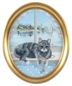 JAYNE SHELLEY PIERCE (Massachusetts, Contemporary), Cat holding a gold Nantucket basket pendant