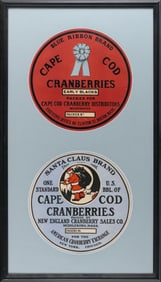 TWO "CAPE COD CRANBERRIES" BARREL LABELS 20th Century Label diameters 15.5" sight. Framed 42.5" x