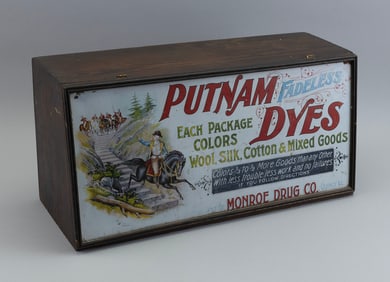 "PUTNAM FADELESS DYES" STORE DISPLAY CABINET Early 20th Century Height 11". Width 21". Depth 8".