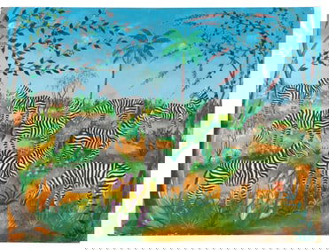 FERNAND PIERRE (Haiti, 1922-2002), A gathering of zebras., Oil on masonite, 30" x 40". Unframed.