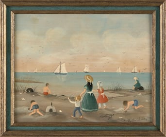 MARTHA FARHAM CAHOON (Massachusetts, 1905-1999), A walk on the beach., Oil on masonite, 8" x 10".