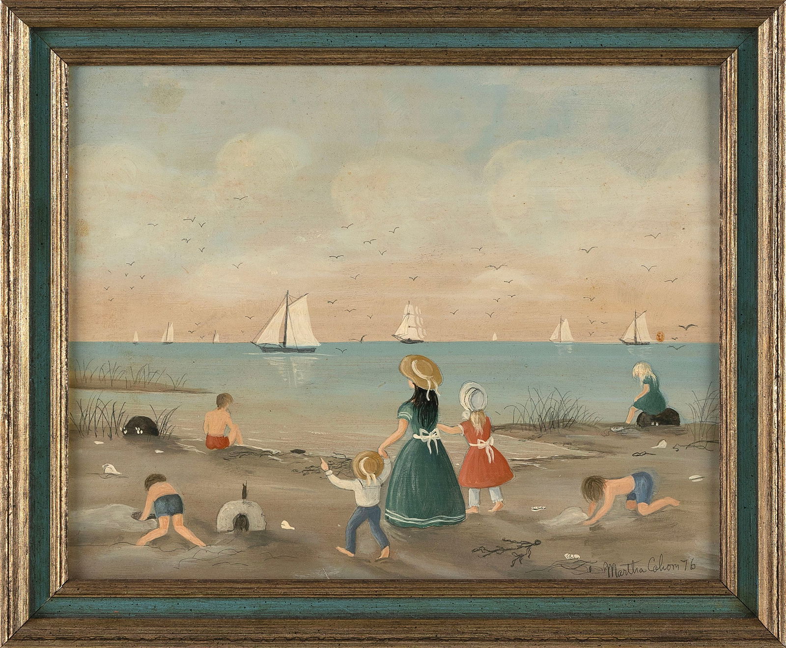MARTHA FARHAM CAHOON (Massachusetts, 1905-1999), A walk on the beach., Oil on masonite, 8" x 10".