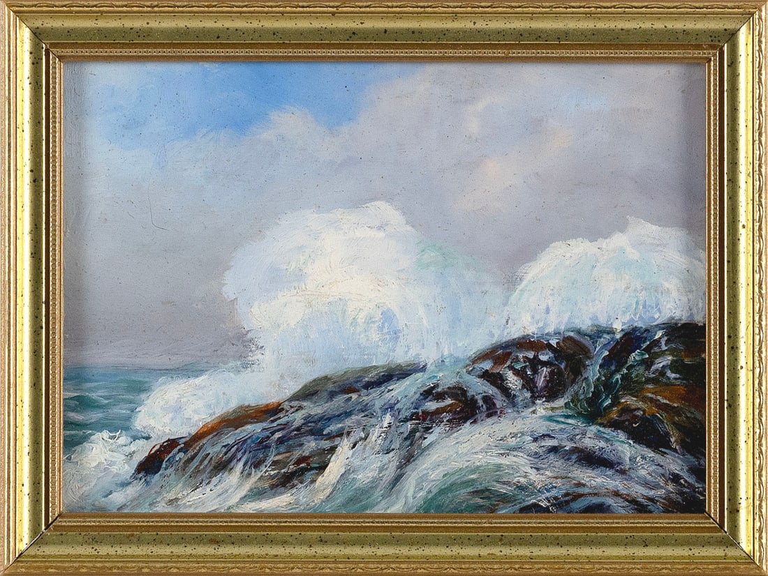 PETER MACLARDIE (Massachusetts, 20th Century), "Sunset Hills, Nahant, Mass."., Oil on board, 5" x: PETER MACLARDIE Massachusetts, 20th Century "Sunset Hills, Nahant, Mass.". Titled and artist identified on label verso. Oil on board, 5" x 7". Framed 6" x 8".