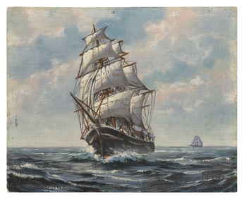HARRY HAMBRO HOWE (Massachusetts/Maine, 1886-1968), Clipper ship at sea., Oil on board, 6" x 7.5".