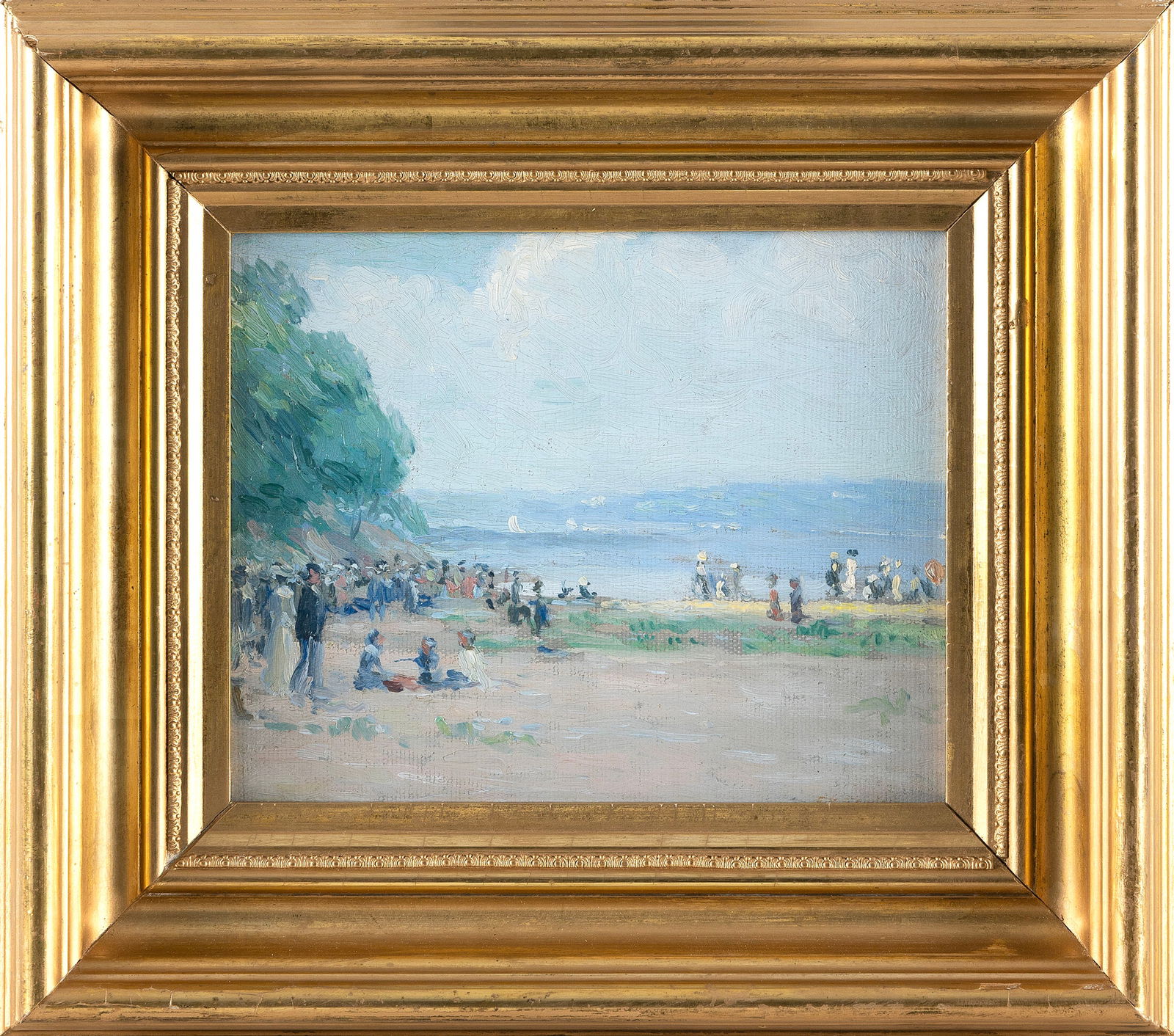 AMERICAN SCHOOL (Early 20th Century,), Beach scene., Oil on board, 8" x 10". Framed 13" x 15". (1 of 2)