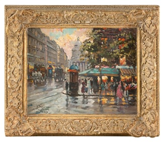 FRANCOIS GEROME (France, b. 1895), Parisian street scene., Oil on canvas, 8" x 10". Framed 11.25" x