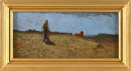 CHARLES FRANCIS DEKLYN (Ohio/New York, 1865-1958), Woman herding a cow., Oil on cardboard, 6" x 13".