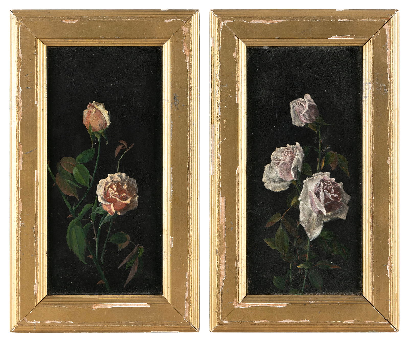 MANNER OF GEORGE COCHRAN LAMBDIN (America, 19th Century), Pair of floral still lifes., Oils on: MANNER OF GEORGE COCHRAN LAMBDINAmerica, 19th CenturyPair of floral still lifes. One signed lower left "CAN".Oils on panel, 10" x 5". Framed 12" x 7".