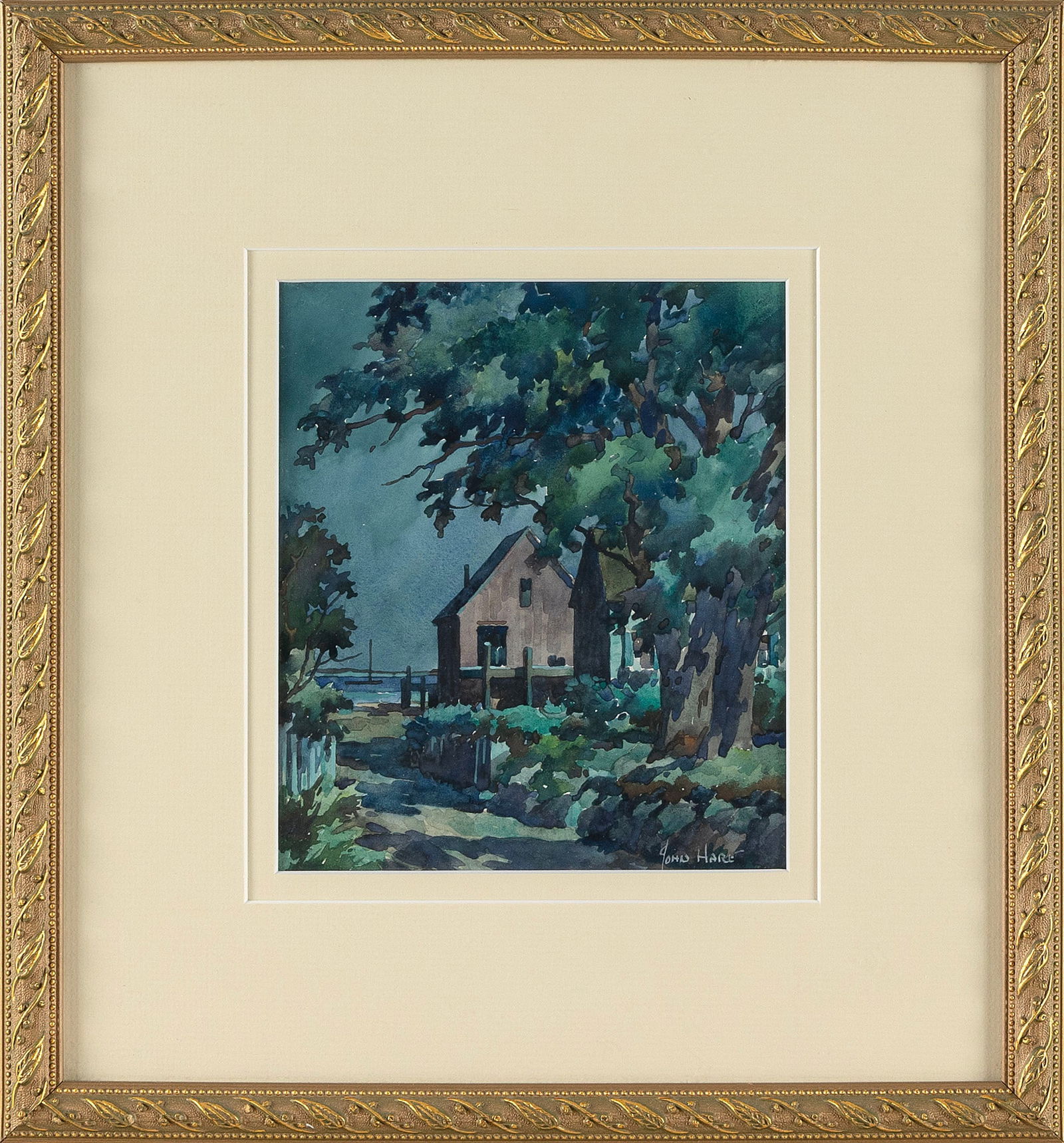 JOHN CUTHBERT HARE (Massachusetts/Florida, 1908-1978), Shack at dusk, Provincetown, Massachusetts.,: JOHN CUTHBERT HAREMassachusetts/Florida, 1908-1978Shack at dusk, Provincetown, Massachusetts. Signed lower right "John Hare".Watercolor, 7" x 6.25" sight. Framed 14" x 13".