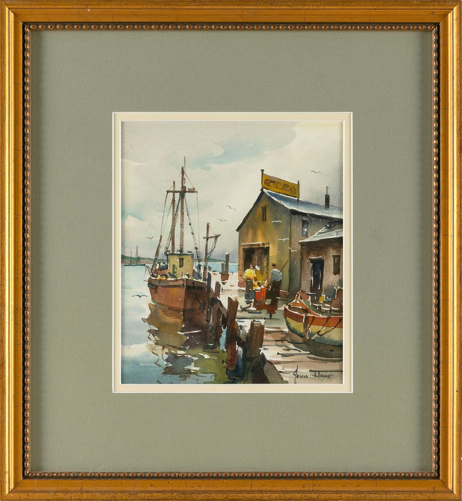 JOHN CUTHBERT HARE (Massachusetts/Florida, 1908-1978), Dock workers, Provincetown, Massachusetts.,: JOHN CUTHBERT HAREMassachusetts/Florida, 1908-1978Dock workers, Provincetown, Massachusetts. Signed lower right "John Hare".Watercolor on paper, 8" x 7" sight. Framed 15.5" x 14.25".