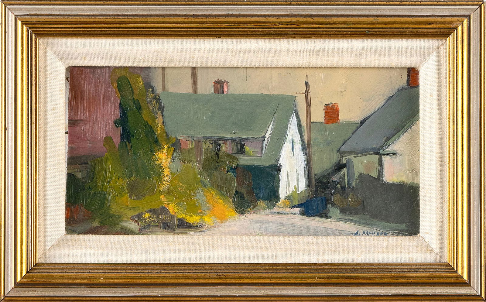 ANNE PACKARD (New Jersey/Massachusetts, 1933-), A street lined with houses, Provincetown,: ANNE PACKARDNew Jersey/Massachusetts, 1933-A street lined with houses, Provincetown, Massachusetts. Signed lower right "A. Packard".Oil on board, 3.75" x 7.75". Framed 6.25" x 10.25".